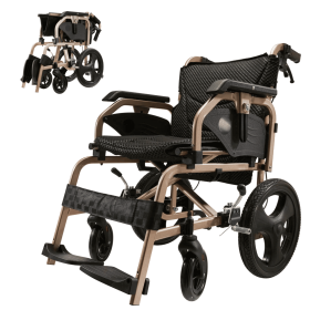 Foldable lightweight wheelchair. Equipped with double hand brakes. Adult wheelchair. Weighs only 27 lbs. Reversible and height adjustable armrest