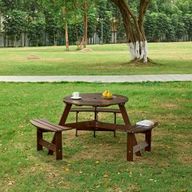 Outdoor 6 Person Picnic Table, 6 person Round Picnic Table with 3 Built-in Benches, Umbrella Hole, Outside Table and Bench Set for Garden, Backya (Person: 6, Color: Brown)